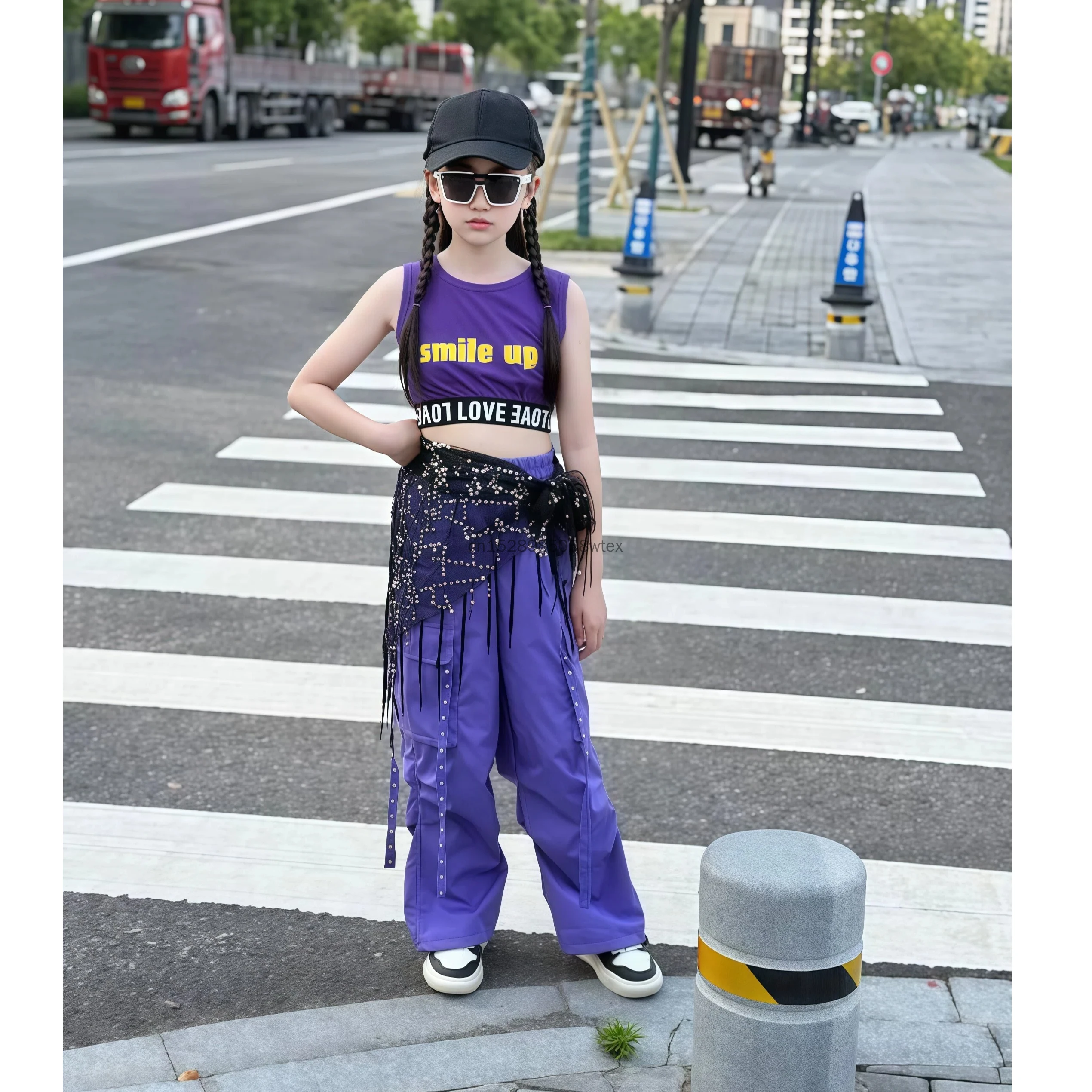

Kids Girls Purple Crop Top Cargo Pants Outfit Hip Hop Jazz Streetwear K-pop Dance Performance Costume