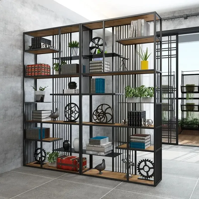 Office partition rack wrought iron screen decoration living room solid wood baffle bookshelf