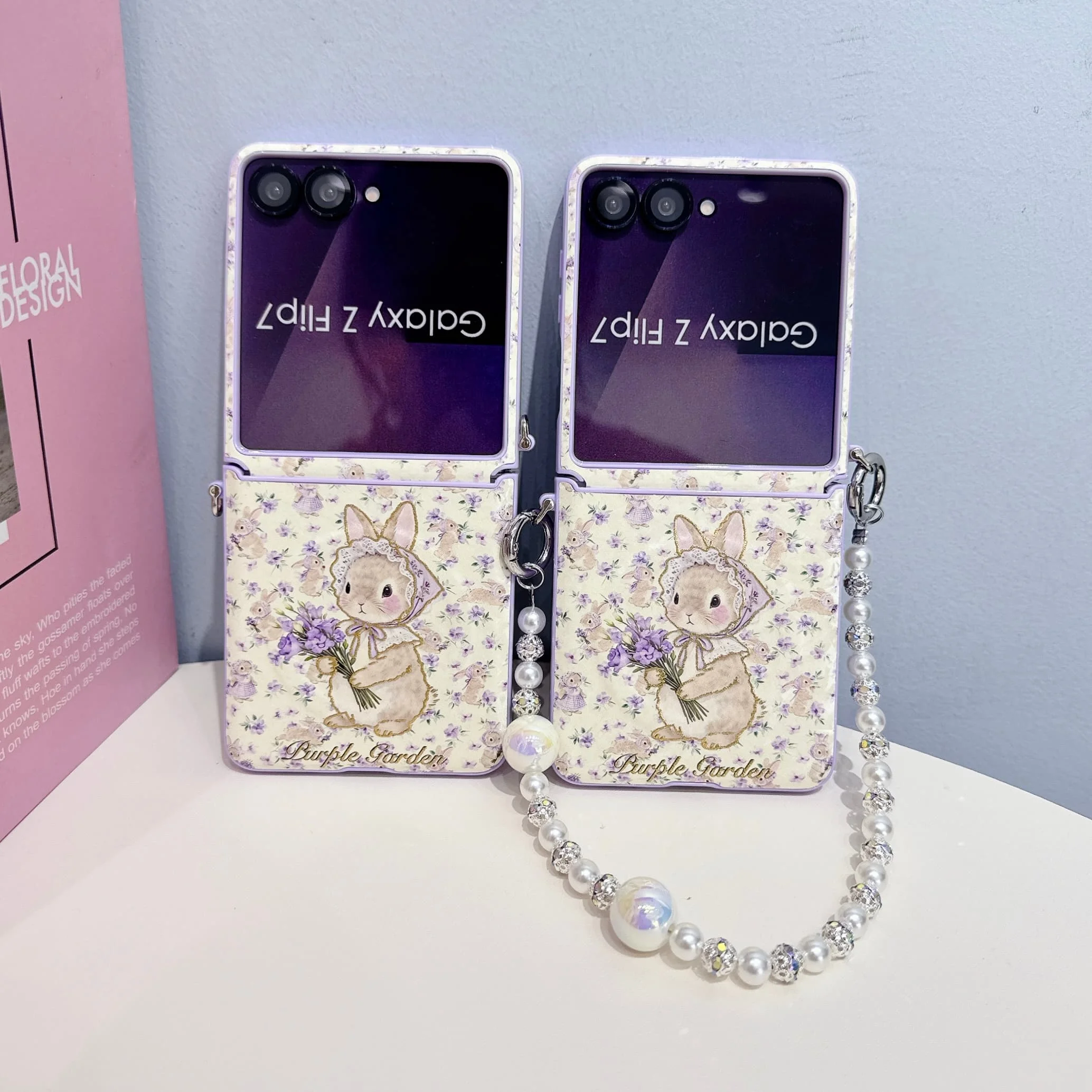Z Flip7 Beautiful Purple Rabbit Wristband Phone Case For Samsung Galaxy Z Flip 7 Z Flip6 Flip 5 6 Handheld Flip Cover
