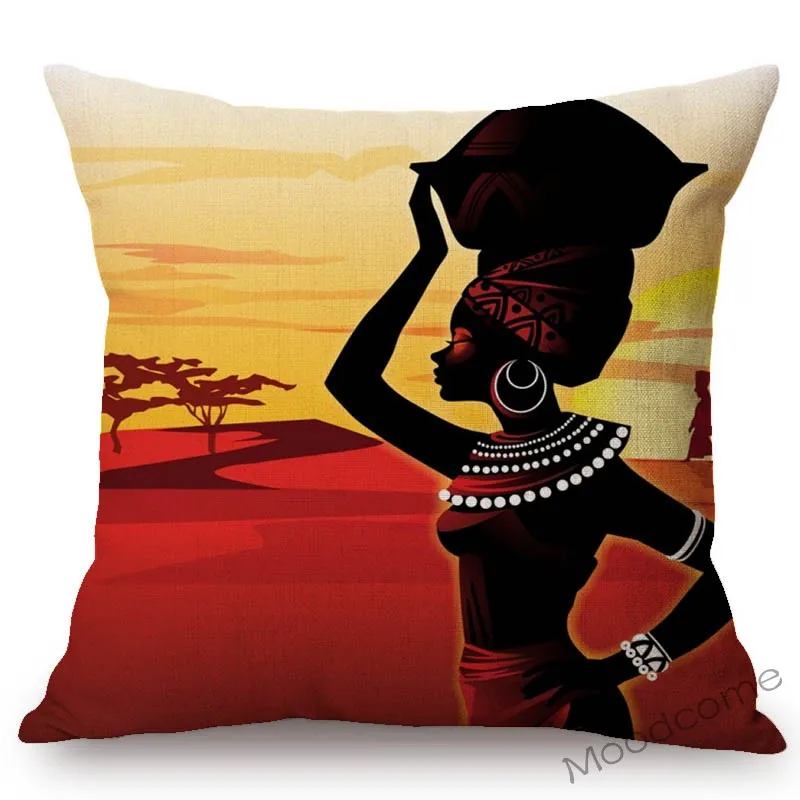 Sunrise Sunset in Africa Scene Sofa Throw Pillow Case Beautiful Animal Giraffe African Woman in Sun Setting Art Cushion Cover
