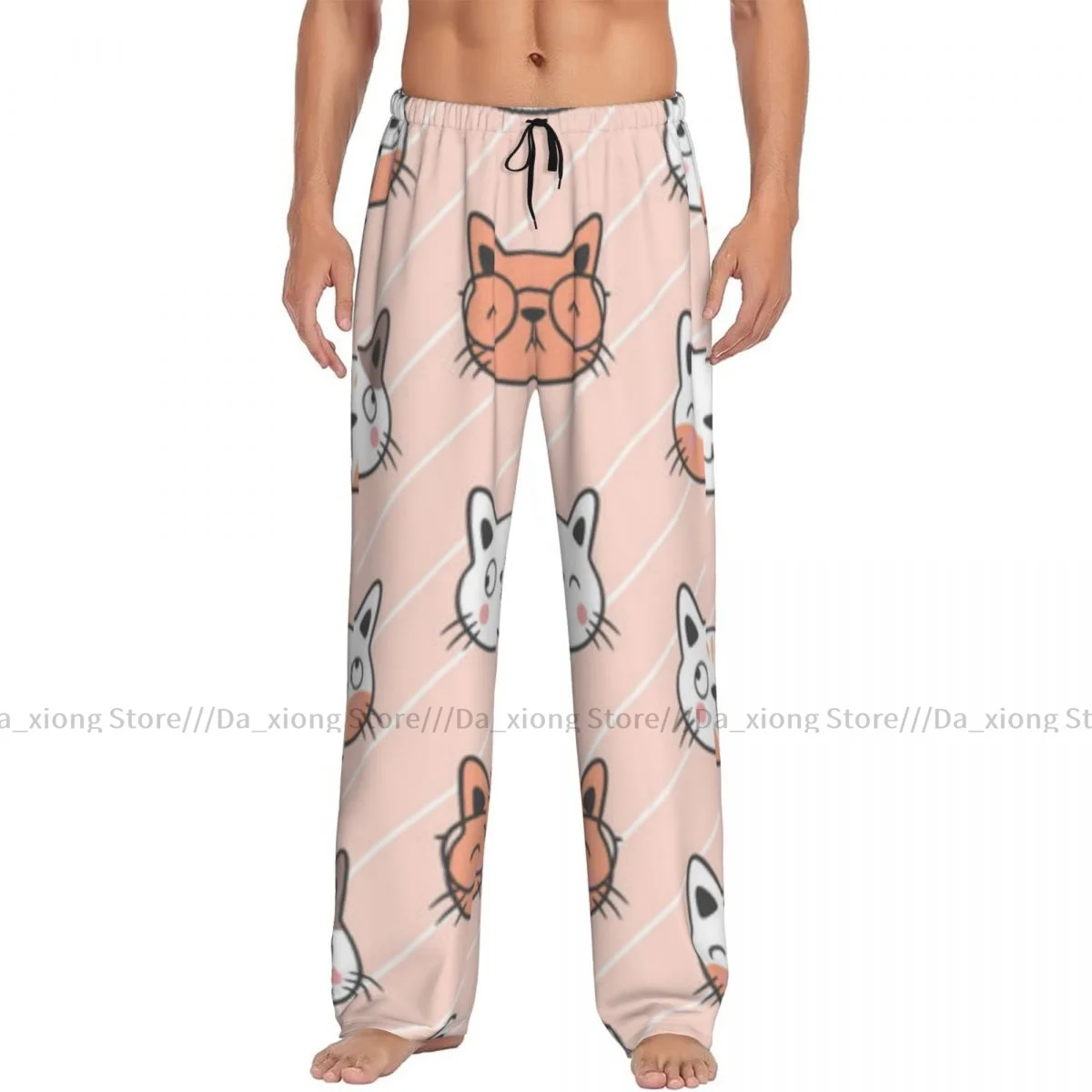 Heren Casual Pyjama Lange Broek Losse Elastische Tailleband Cartoon Kat Schattig Gezellig Nachtkleding Home Lounge Broek