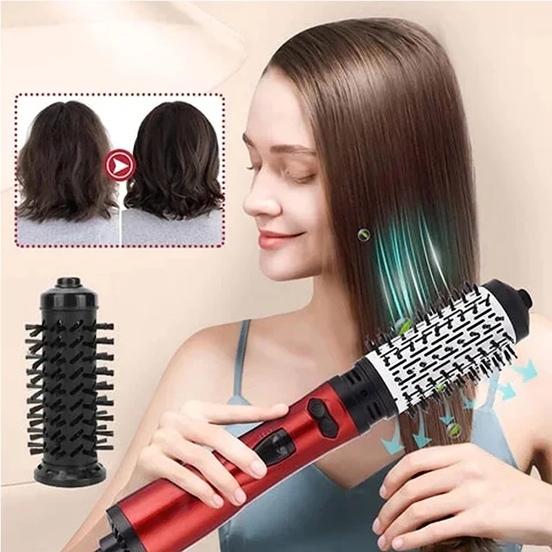 

Rotating Hair Dryer Brush Electric Blow Drier Comb Hot Air Straightener Curler Iron One Step 2 Gears Blower Replaceable 2 Heads