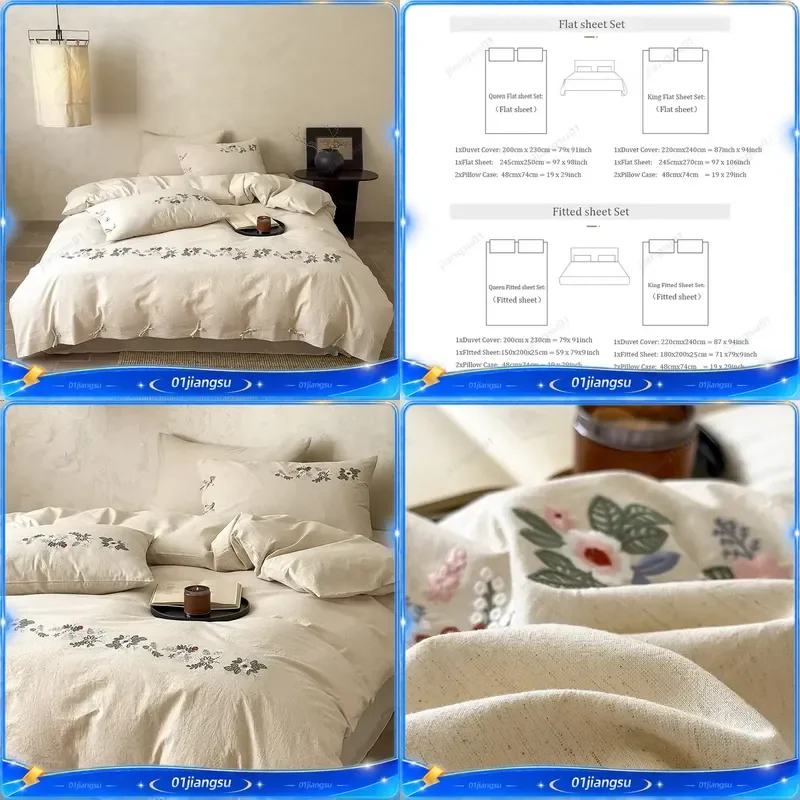 French Country Floral Embroidery Duvet Cover Set 85% Cotton 15% Linen Vintage Bedding Set Flat Fitted Sheet Pillowcases Home