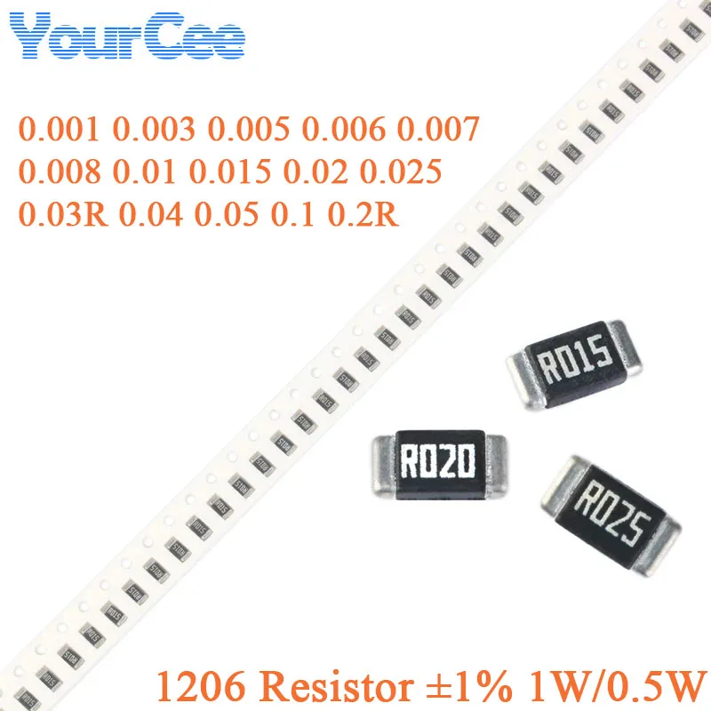 100 szt./10 szt. Rezystor SMD 1206 Stopowy Odmładzanie ±1% 1W 0,5W 0,001 0,003 0,005 0,006 0,007 0,01 0,015 0,02 0,025 0,03R 0,1R Ohm