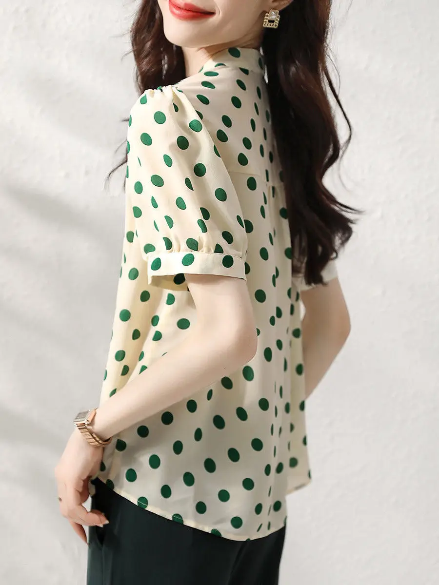 

Женский высококачественный шифоновый irt ort Sve Summer Thin в горошек Bubble Sve Top Faionable Commute Sle Loose Fit