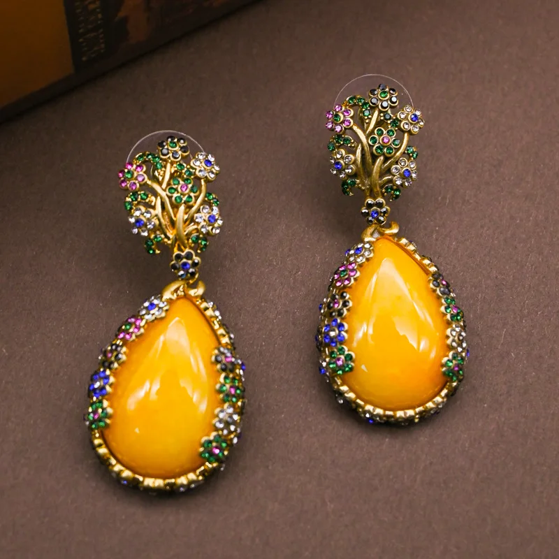 

European Style Vintage Fashion Zircon 18k Gold Plated Nature Stone Dangle Earrings Set for Women , Woman Ear Accessories Gift