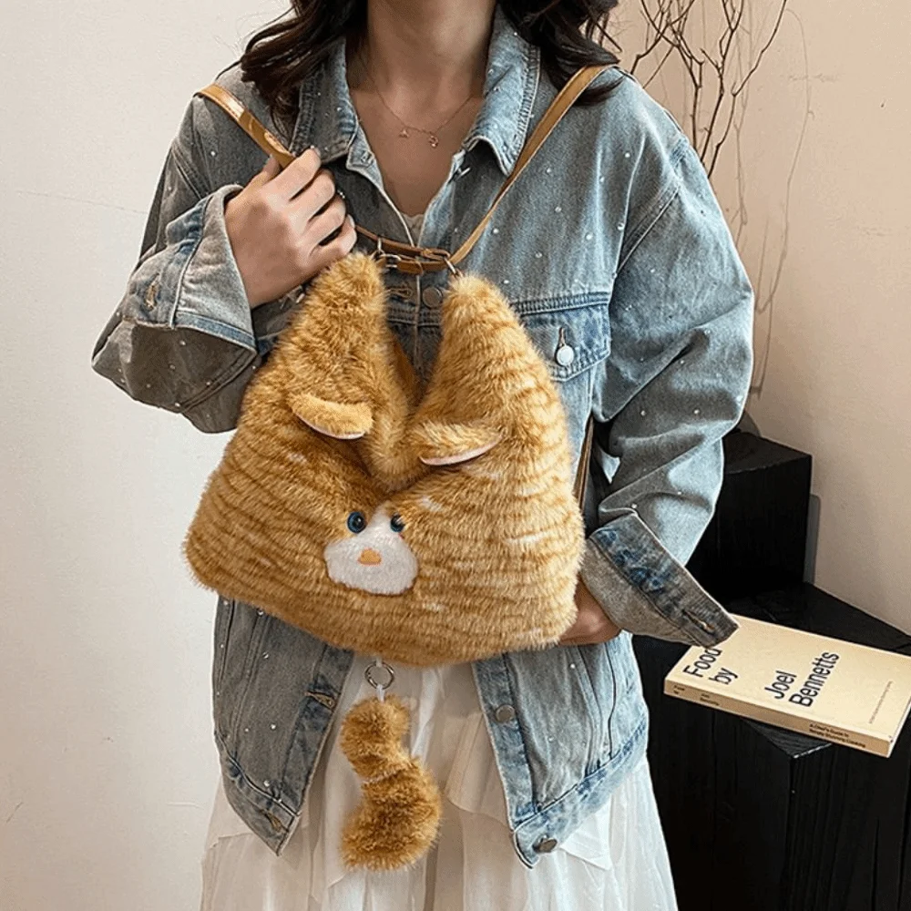 

Cute Cartoon Animal Plush Cat Shoulder Bags Zipper Portable Crossbody Bags Large Capacity Commuting Tote Women Girls