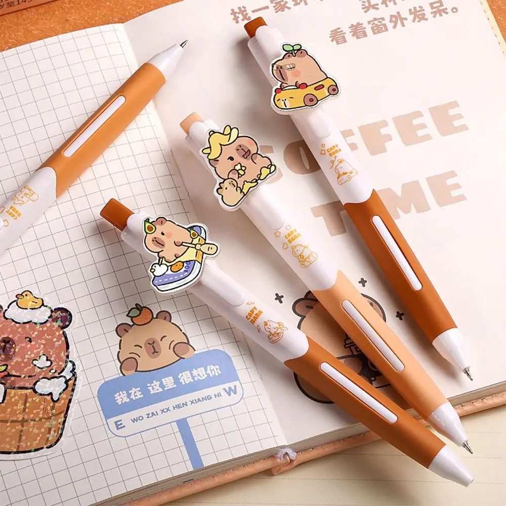 프레스 타입 ST 팁 중립 펜, 그립 자세 교정 젤 펜, 카피바라, 나비, 선풍기, 음료, 꽃, 4 개/세트