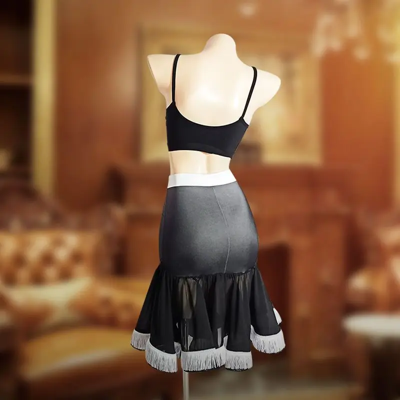 Professionele Latin Dance Half Rok Vrouwen Trekkoord Hip Wrap Kwastje Rok Dans Praktijk Rok Slim Mesh Rok