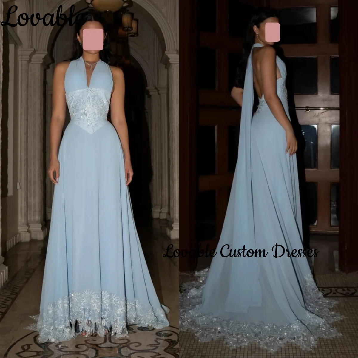 

Women'S Evening Dresses Blue Customize A-Line Deep V-Neck Prom Dresses Floor-Length Sleeveless Wedding Party Dress Ruffle Zipper