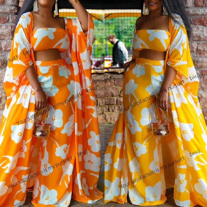 

Women's Fashion Printed Cardigan Chest Wide Leg Pants Three-piece Set