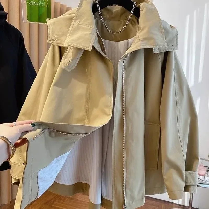 جديد وصول الخريف الربيع معطف قصير سترة مقنعين فضفاضة النمط البريطاني المألوف سترة واقية عالية الخصر تصميم الأكمام الطويلة