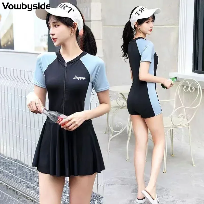 Women's Swimsuit Jumpsuit Skirt Two Piece Set Short Sleeved Beach Wear Quick-drying Girls Swimwear
