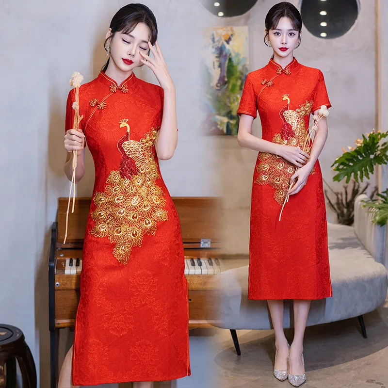 

Red Lace Golden Peacock Embroidery Improved Cheongsam Spring Summer New Retro Chinese Style Wedding Qipao Dress New Year CNY