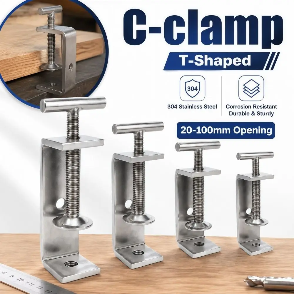 1pc 304 Stainless Steel C-clamp Adjustable T-Shaped Square Clamp 20-100mm Opening Sturdy Fixed Holder Clip Hardware Fasteners