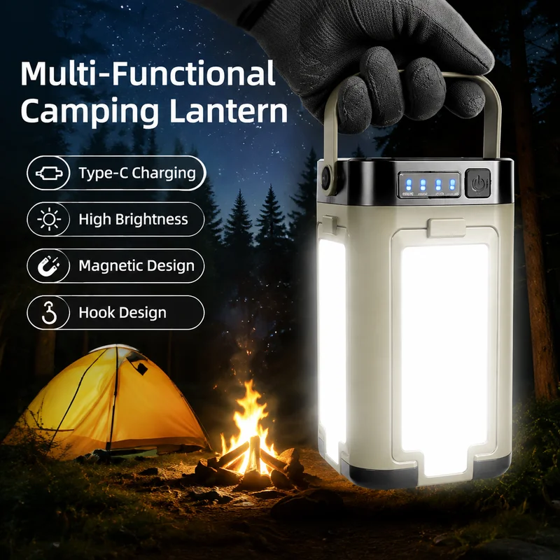 LED Camping Lantern Solar Rechargeable Portable Four Leaf Hook Tent Light Flashlight USB Emergency Power Lamp for Outdoor Hiking