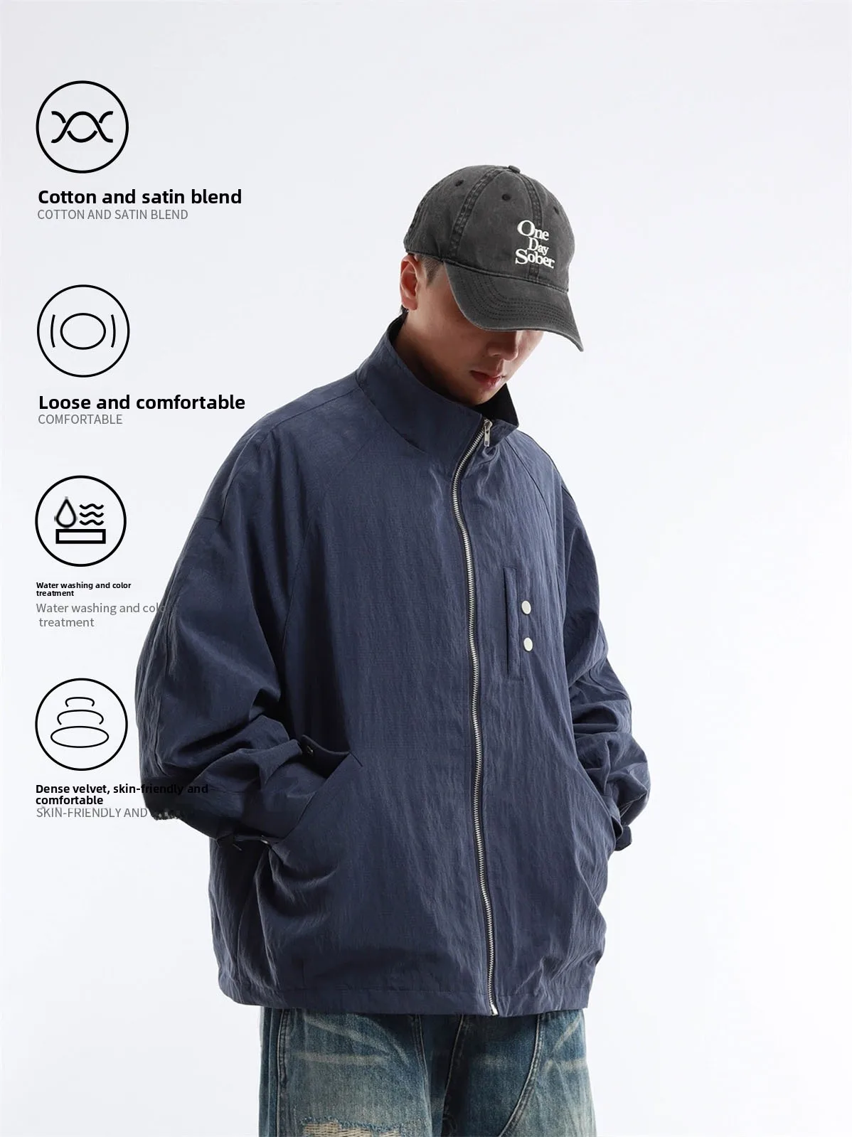 Bsapa Retro Japanese Style Loose Fit Washed Lyocell Cotton Blend Zipper Collar Jacket Men's Style Long Sleeve Plaid Pattern
