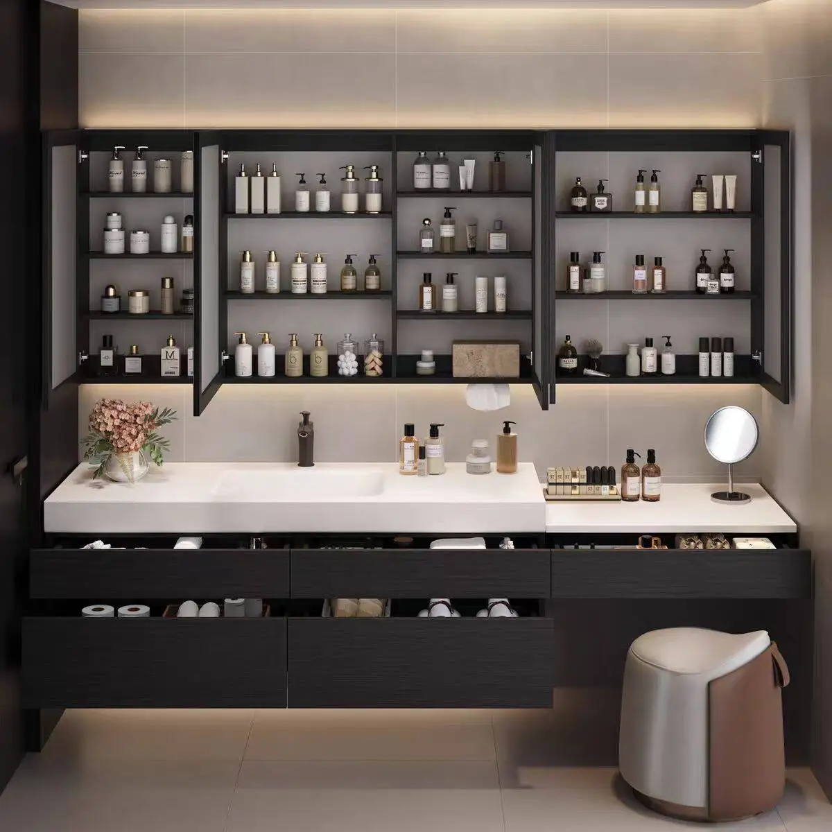 

Тумба для ванной комнаты со встроенной раковиной, тумба для ванной комнаты с термоформованным корпусом, комбинация высоких и низких тумб для ванной комнаты