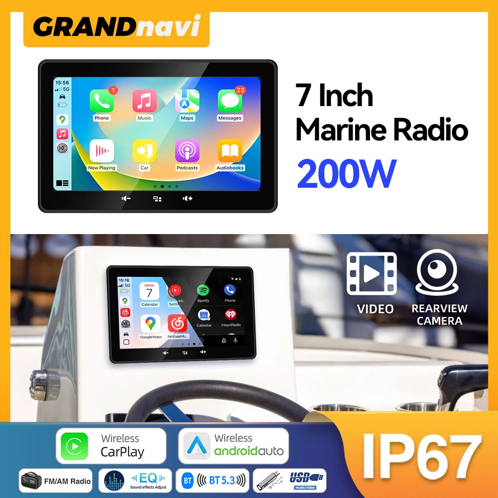 

7-дюймовый морской радиоприемник для лодки, беспроводной CarPlay, Android Auto, водонепроницаемый IP67, Bluetooth FM AM AUX для лодки, квадроцикла, UTV, тележки для гольфа, яхты