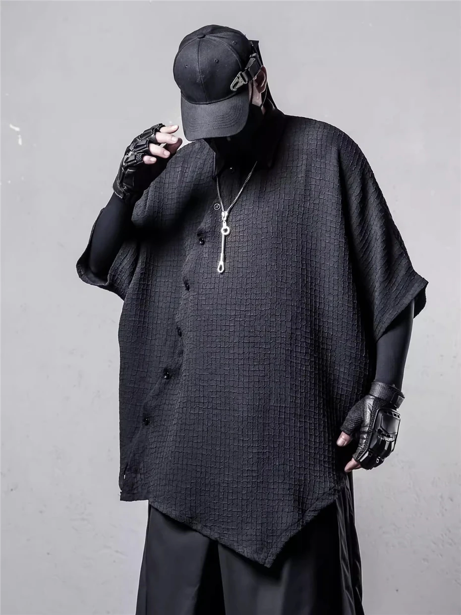 Irregular Design Plaid Shirt Mens Streetwear Hip Hop Punk Batwing Sleeve Shirt Men Oversized Harajuku Vintage Casual Blouse Male