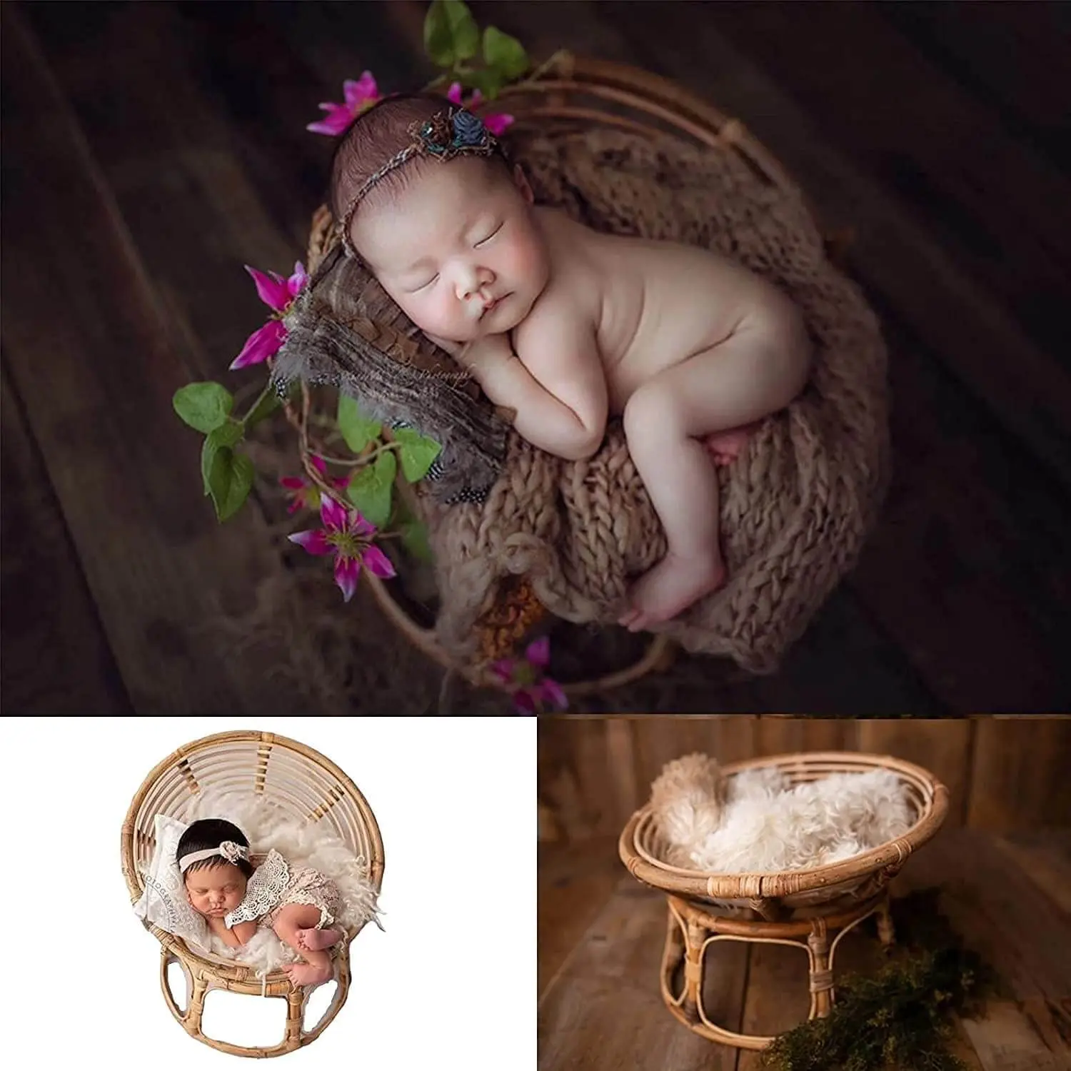 Newborn Photography Props Retro Handmade Baby Papasan Chair Rattan Photoshoot Props Girl Boy Bed Chairs Newborn Posing Furniture