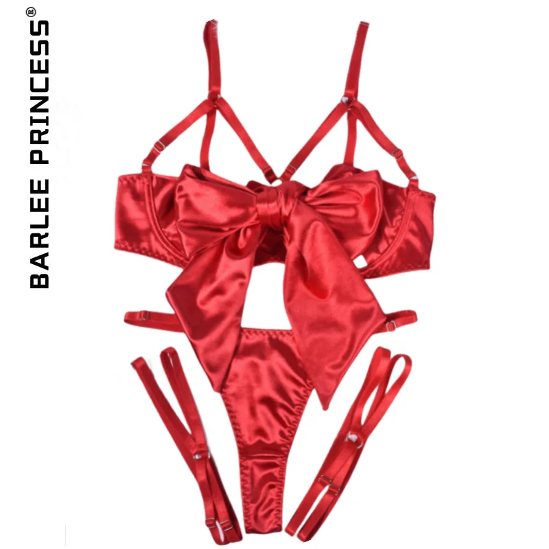 

Europe and the United States new hot sexy underwear delicate bow hollow sexy three-piece set with steel ring