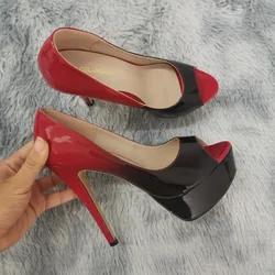 2024 yeni kadın pompaları seksi platformu Peep Toe 14cm son derece yüksek topuklu Stiletto Patent deri parti Nighclub kırmızı düğün ayakkabı