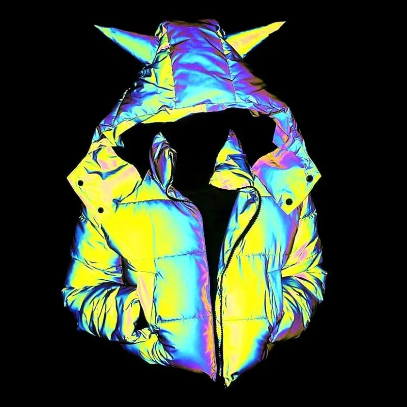 冬のジャケットの女性ルーズスタンドカラーボタンポケット長袖パーカーフード付きカラフルな反射暖かいコート婦人服