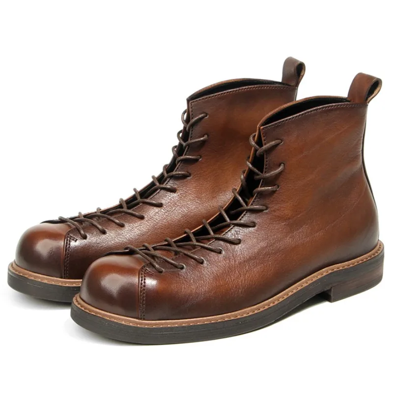 

American Retro Genuine Leather Ankle Boots Men's Cowhide Thick-soled Outdoor Casual High Top Shoes Male Work Chelsea Boots