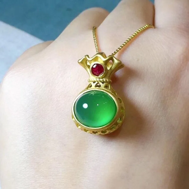 Ice Lucky Bag Pendant Green Chalcedony Fashion Women's Necklace Collarbone Chain