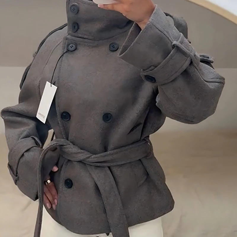 Women Double Breasted Trench Coat Short Belted Jacket High Collar Soft Fabric Autumn Winter Warm Casual Outerwear Female