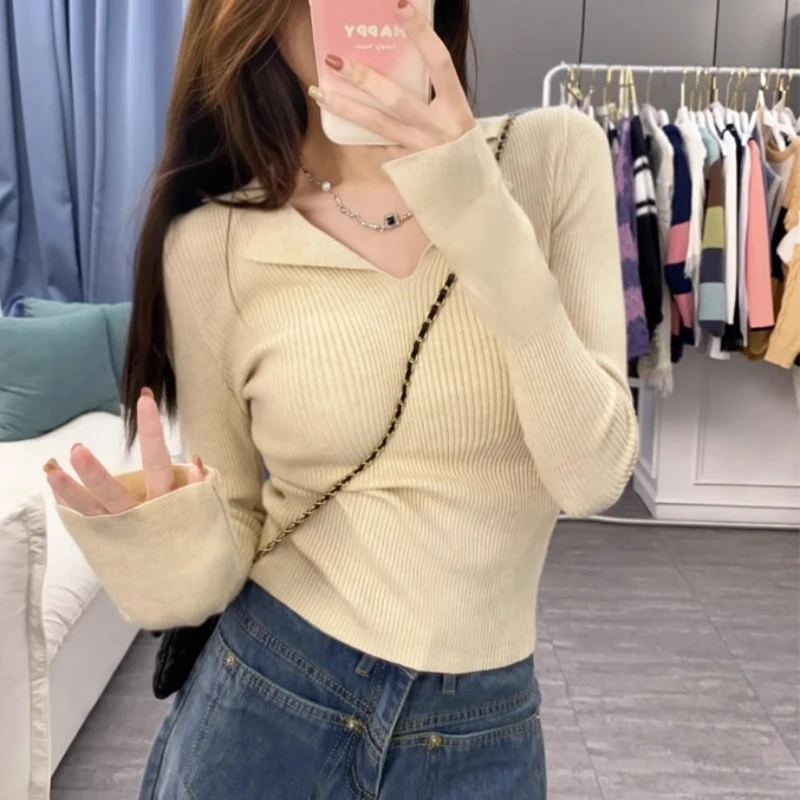 

Women's Polo Collar Knitted Long Sleeve T-shirt Autumn Slim Fit Women Tops Fashion Versatile Long Sleeve T-shirt