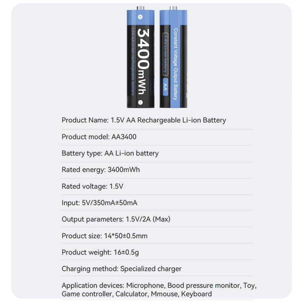 AA 1.5v Li-ion Rechargeable Battery 3000mWh 1.5V AA Lithium Rechargeable Battery 1.5V AA Batteries for Remote Control AA Battery