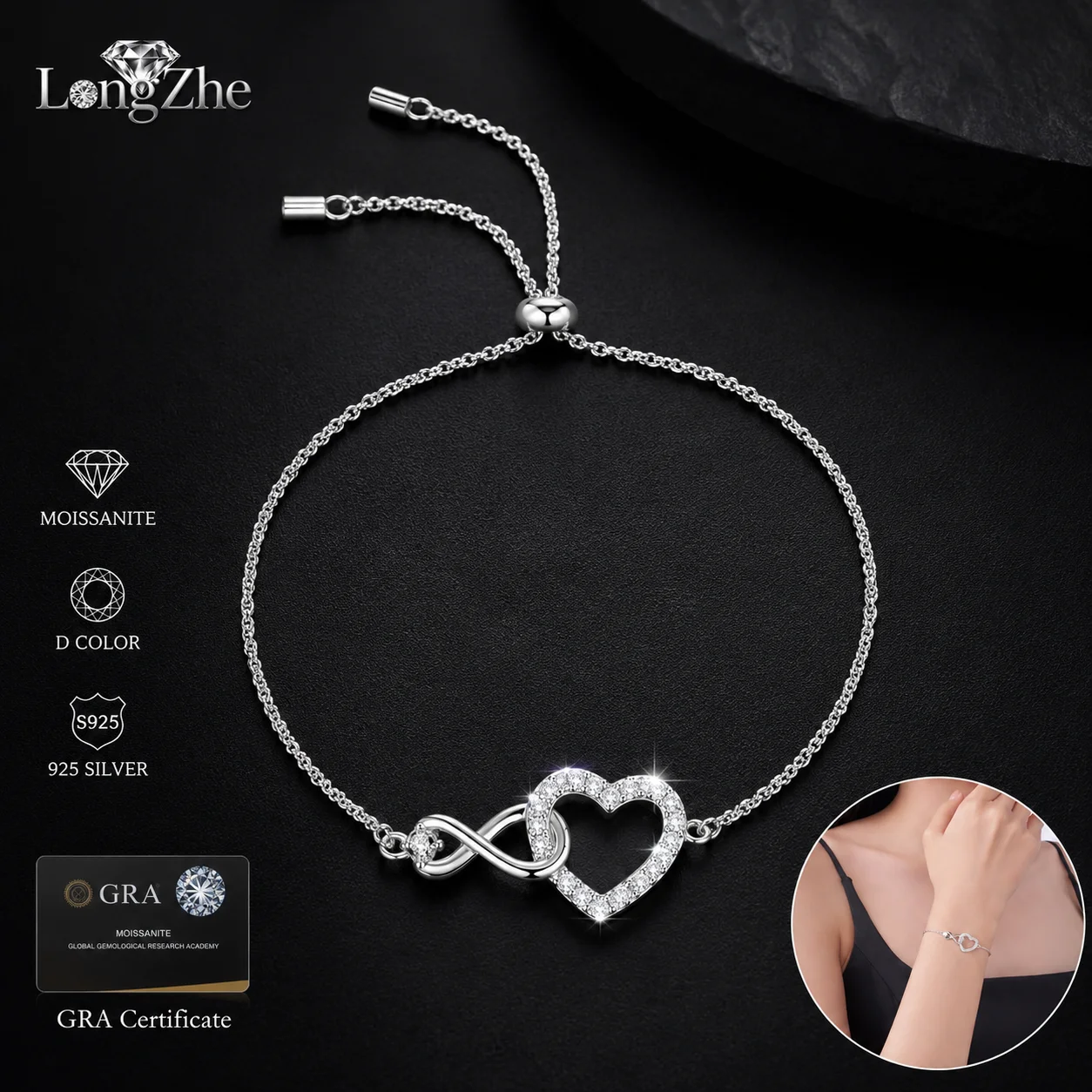 Moissanite Heart Bracelet for Women S925 Sterling Silver 3mm Main Stone Infinity Love Chain Birthday Anniversary Jewelry Gift