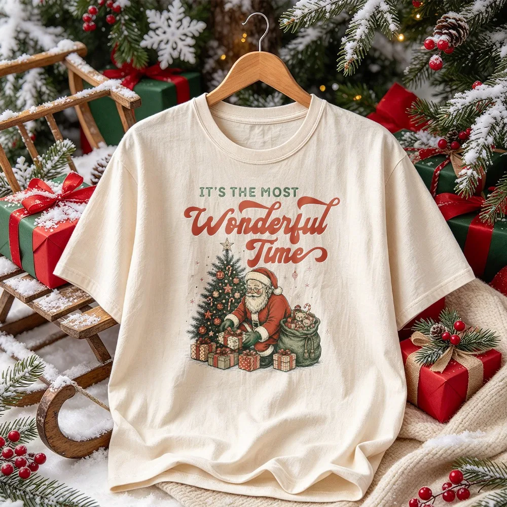 It's The Most Wonderful Time Graphic Tshirt Vintage Santa Claus Christmas Tree Gift Bag Print Crew Neck Retro Holiday Casual Tee
