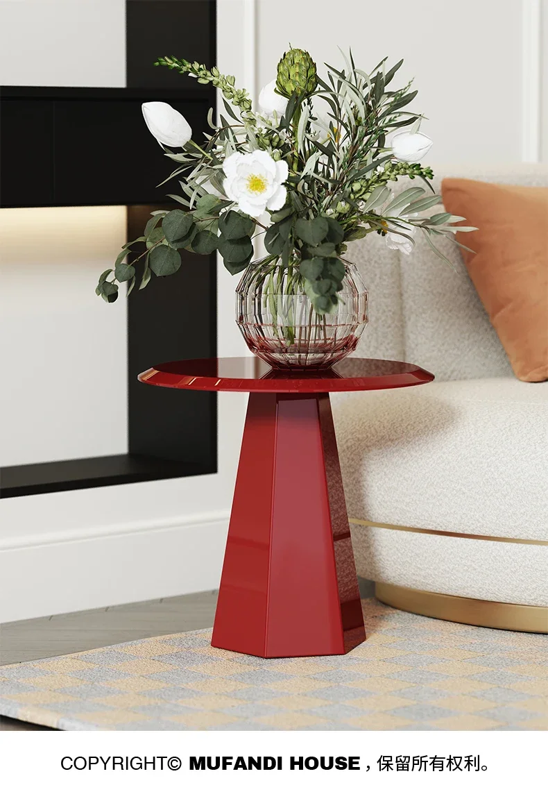 

American Minimalist Living Room Side Table Red Minimalist Paint Small round Table Nordic Solid Wood Sofa Corner Table