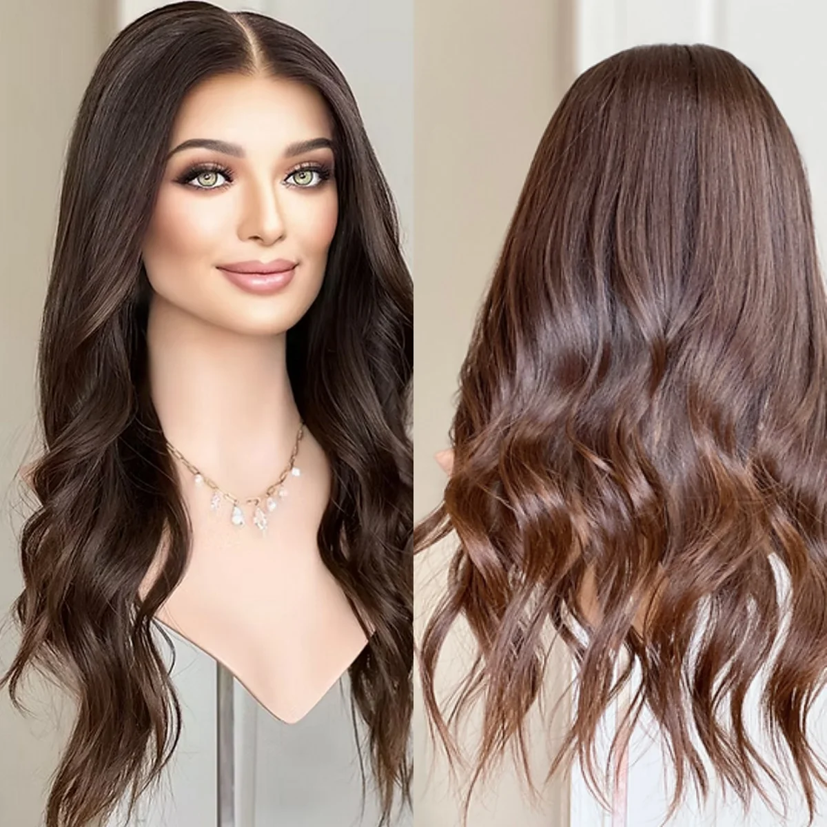 

Dark Chocolate Brown Synthetic Lace Frontal Wigs Long Length Middle Parting Loose Wave Realistic Hairline Glueless Wig Female