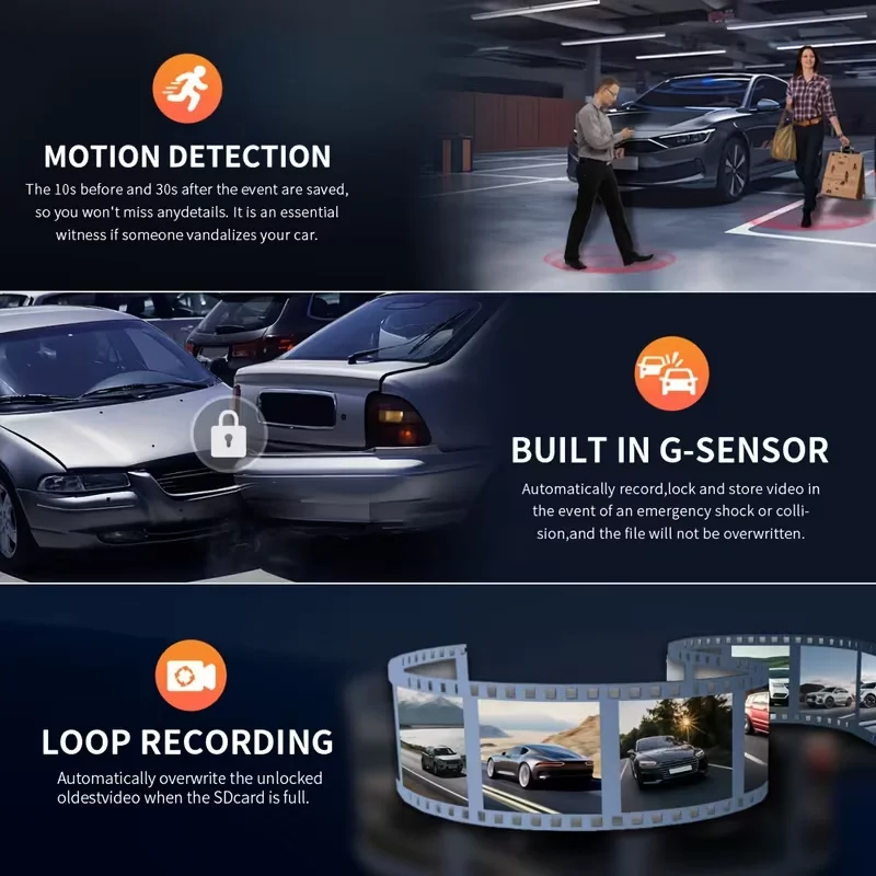 1080PTriple Lens WiFi Car Dash Camera, 3 Ways HD Recording for Front Cabin Rear, Wireless Phone Connection & Auto Loop Recording