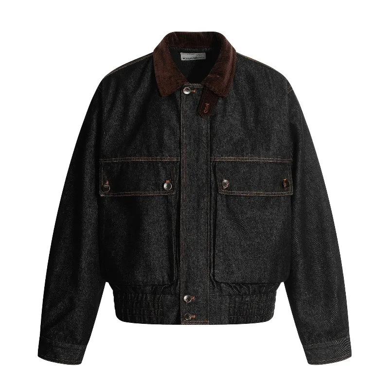 

American Vintage Denim Jacket Men's Clothing Autumn Casual Spliced Lapel Loose Long Sleeve Coats Blue Buttons Big Pockets Tops