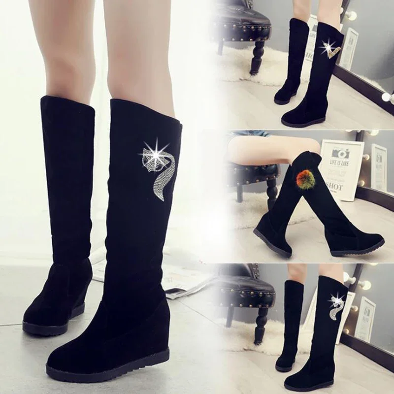 2024 WinterWomen Shoes Woman Boots Knee high Boots Winter New Rhinestone Decoration Wild Plus Velvet Thick Snow Boots