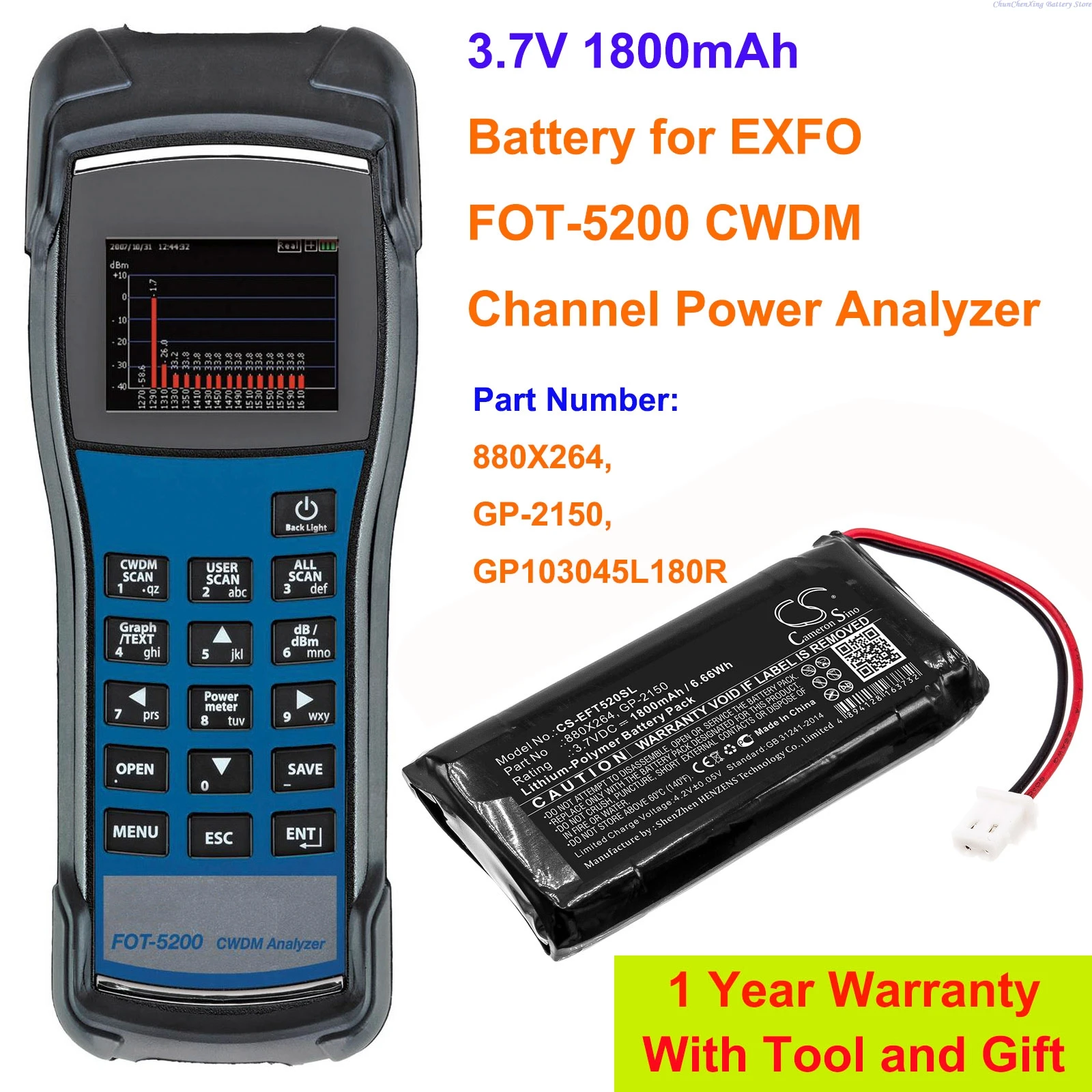 Cameron Sino 3.7V 1800mAh Battery 880X264, GP-2150, GP103045L180R for EXFO FOT-5200 CWDM Channel Power Analyzer +TOOL