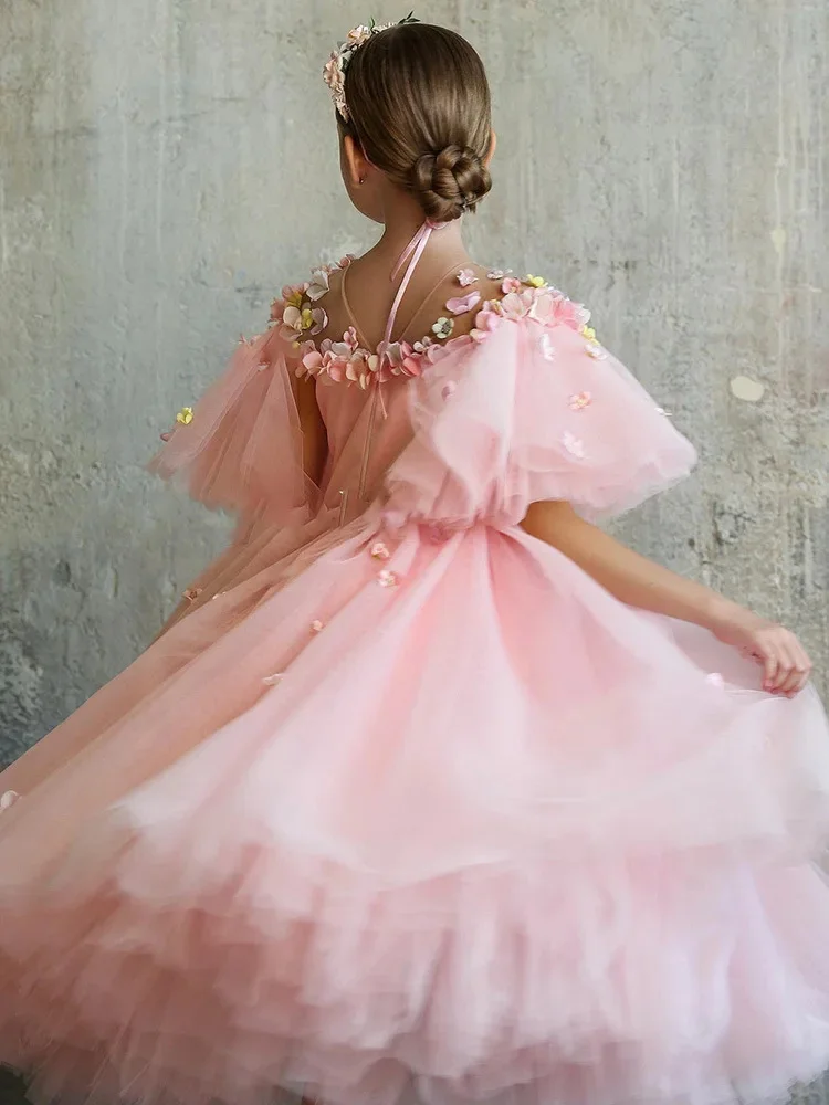Pink Customized Flower Girl Dress for Wedding Floral Appliqué Tulle Tea Lenght Kids Birthday Party First Communion Gown
