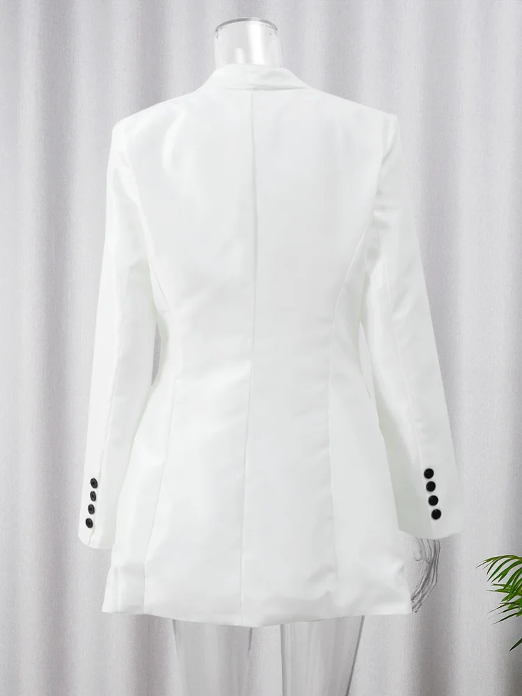 Women Fashion Long Sleeve Cuff Buttons Blazer Jacket Elegant Double Pocket White High Waist Coat 2024 Autumn Office Lady Outwear