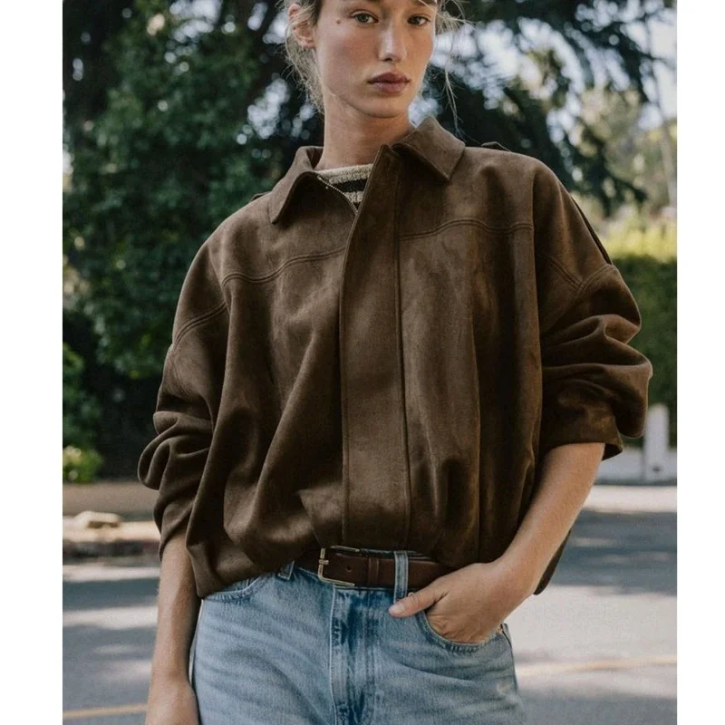 Fall New Women's Long Sve Stand Collar Suede Effect Pilot Jaet Outerwear Casual Loose Fit Polyester Nylon Cosite Fiber