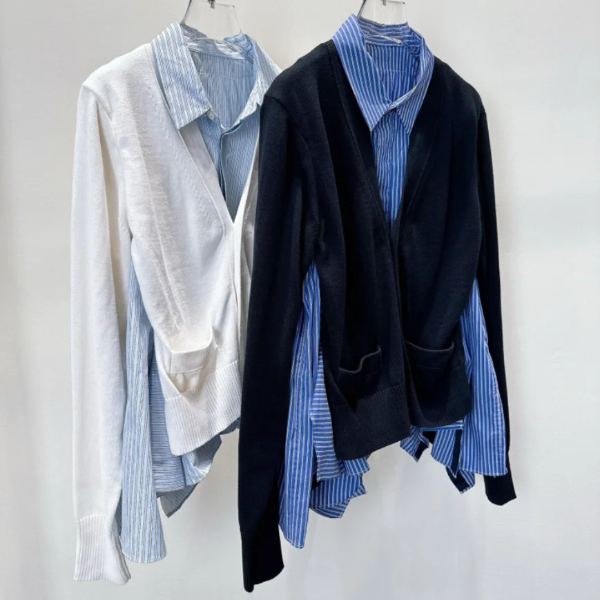 2025 Autumn Winter New Japanese Design Striped Color Block Fake Two-Piece Cardigan Side Split Women's Coat