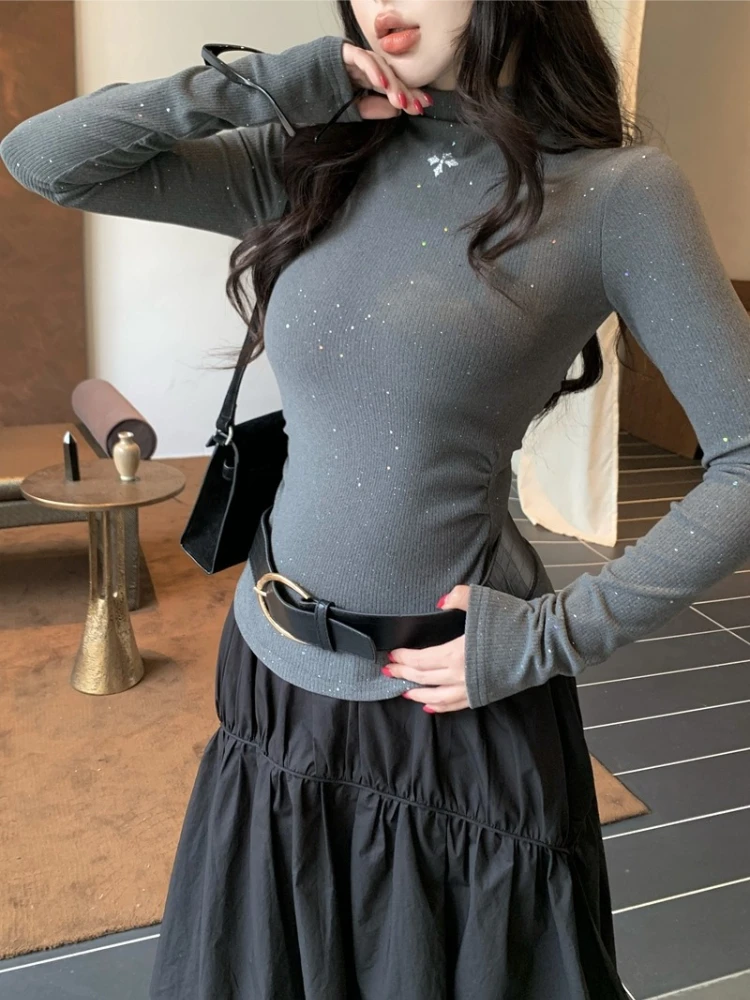 الحلو بارد سباركلي كم طويل أعلى المرأة السوداء ضئيلة عالية الرقبة المحملة حجر الراين التفاصيل لامعة تي شيرت فتاة الساخنة شيك الزي اليومي #4