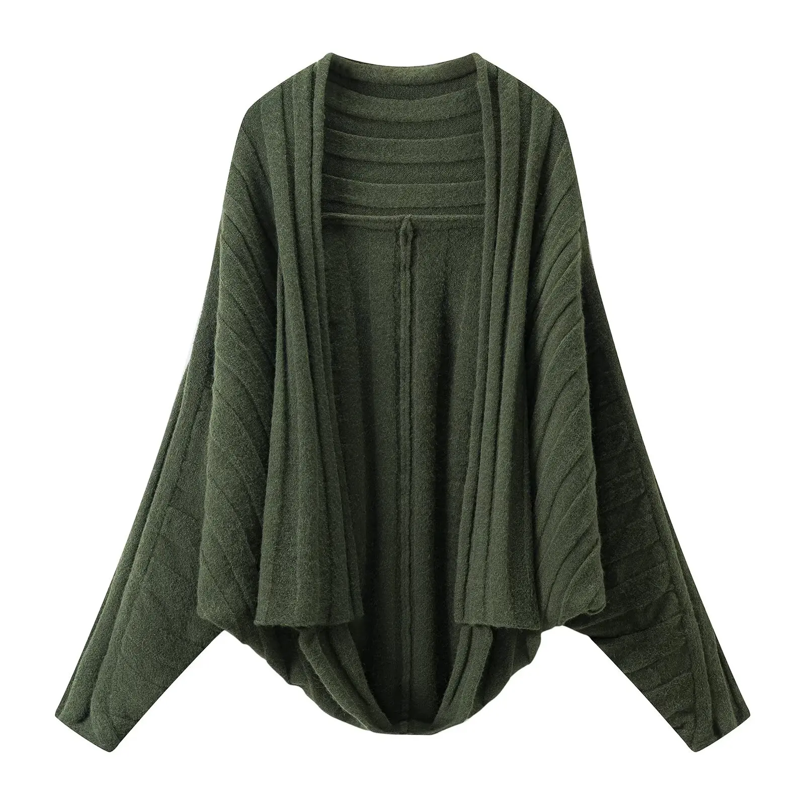 Women Khaki Ribbed Knit Cardigan Spring Autumn Female Batwing Oversized Long Sleeve Loose Minimalist Korean Chic Sweater Coat