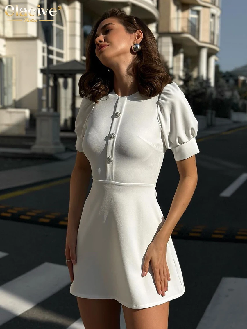 Clacive Summer Slim White Dress Ladies Bodycon Lapel Short Sleeve Mini Dress Elegant Classic Office Dresses For Women 2024