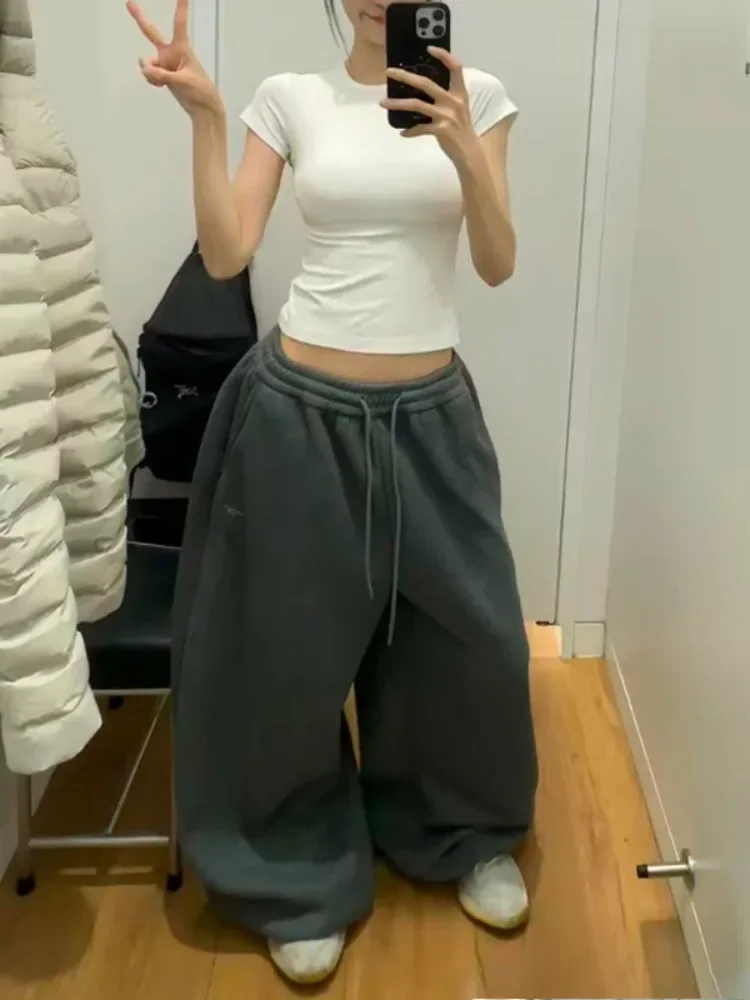 HOUZHOU Vintage Baggy Gray Warm Sweatpants Y2k Woman Oversized Harajuku Thick Sports Pants Streetwear Korean Trousers Winter