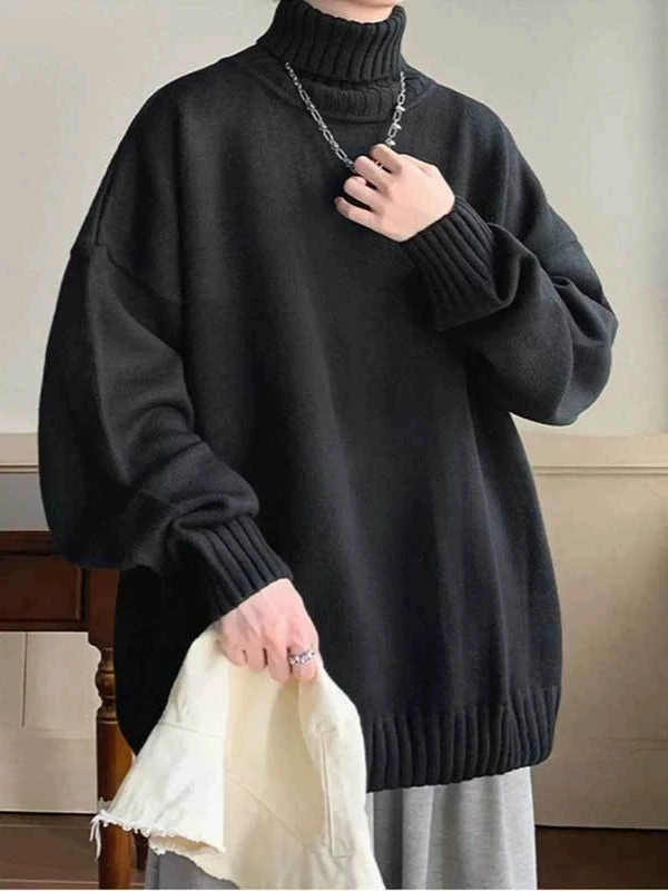 High neck men's sweater autumn and winter pullover base sweater, high-end loose knit sweater, outerwear with inner stitching